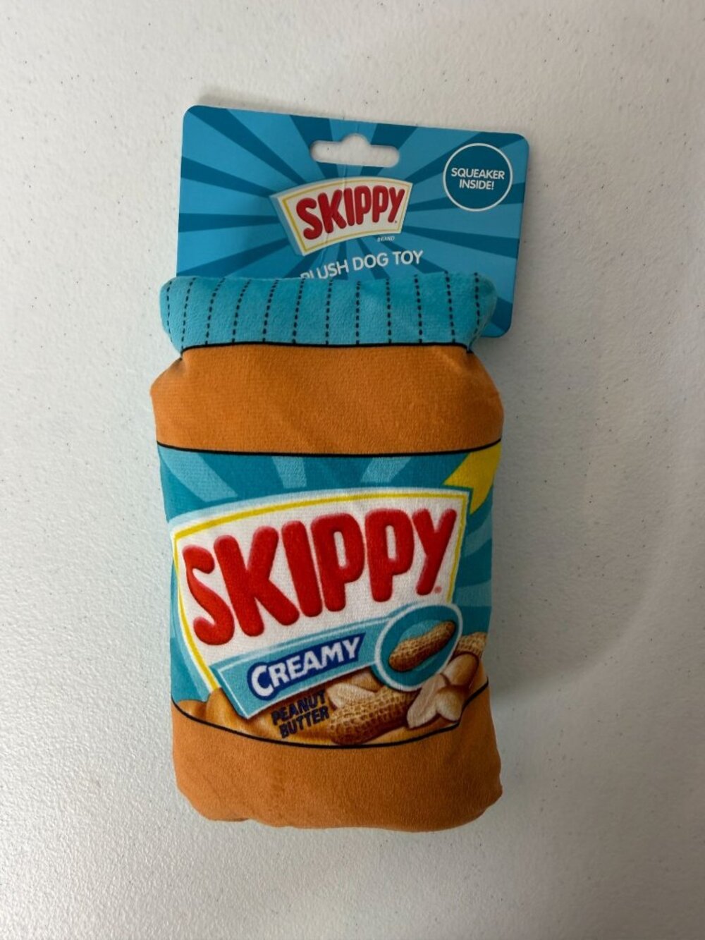Skippy Peanut Butter Jar Plush Squeaker Dog Toy Foodie Novelty New
